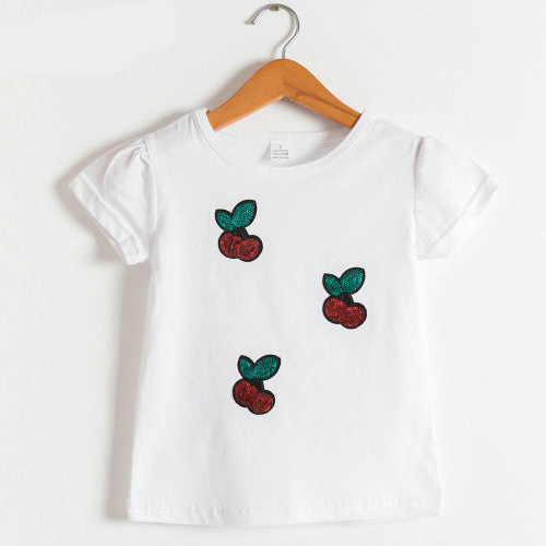 Summer Girls Tees Baby Girls Sequins Cherry Cotton T-shirt&Tops Children T shirt For 2-12 Years Girl Dropshipping