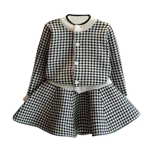 Girls Clothing Sets Kids Houndstooth Knitted Suits Autumn Long Sleeve Plaid Jackets+Skirts 2Pcs for Kids Suits