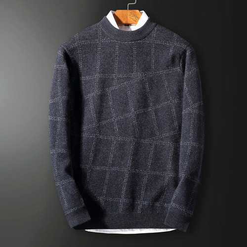 Winter pure wool thick wool plaid shirt men's round neck sweater men's casual sweater coat tide