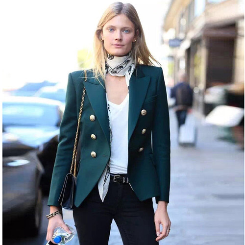TOP QUALITY Newest Designer Blazer Women's Metal Lion Buttons Double Breasted Blazer Jacket Size S-XXL Dark Green