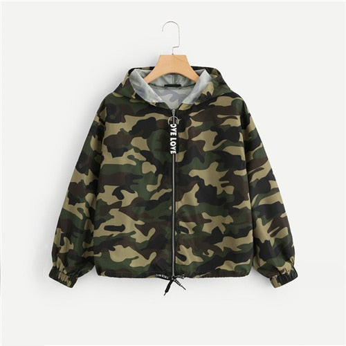 Camo Print Drawstring Hem Hooded Jacket Casual Streetwear Women Jacket Fashion Spring Autumn Womens Outerwear