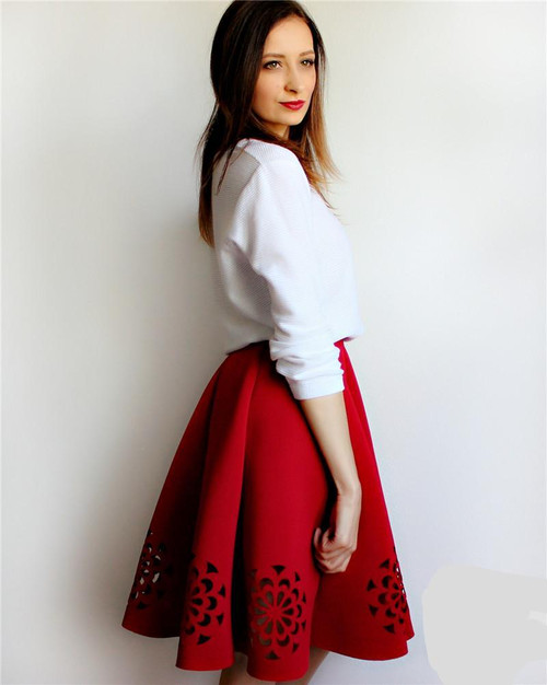 Midi Skirt Elegant Vintage Floral Crochet Black White Red Women High Waist A Line Zipper Sun Skirts