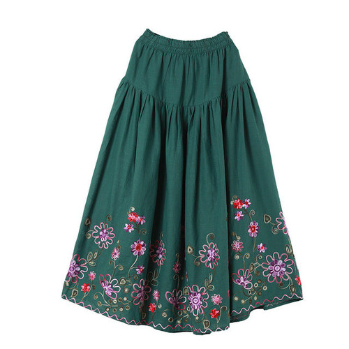 Elastic High Waist Long Skirt Women Summer Embroidery Skirts A-Line Vintage Maxi Skirt Big Hem Jupe Longue 3Colors
