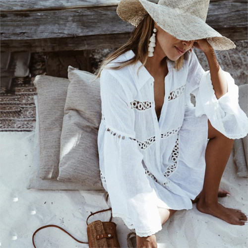 Flare Sleeve Beach Outer Wear Lace White Shirt Blouse Women Crochet Sun Protection Covers Clothing Loose Jacket Cardigan