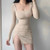 New spring long sleeve dress women's slim sexy mini dresses square collar bottom slit dress Khaki