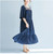 Ethnic Tunic Boho Beach Dress Long Sleeve Oversize Shirt Long Dress Kaftan Maxi Ethnic Baggy Falbala Cotton Navy Blue