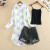 Women Set Floral Long Sunscreen Chiffon Shirt + Ripped Hole High Waist Denim Shorts Suits + Camis Top New