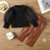 Elegant Kids Girls Cloths Set Puff Sleeve Ribbed Blouse T Shirt Tops Leather Long Pants With Belt 2PCS Girls Suit