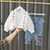 0-4-year-old baby girl long sleeve shirt shirt jeans set spring new girl cherry T-shirt girl baby cowboy skirt sister dress