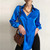 Women Elegant Long Sleeve Satin Lapel Single Breasted Shirt Spring Summer Oversized Tops Casual Blue Tunic