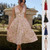 V-neck Dress Summer Pleated Floral Print Tight Waist Swing Dresses With Pockets