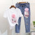 Women Sequins Bottle T-shirts Denim Pants Sets Loose Tshirt+Calf-Length Trousers 2PCS Suits for Female Woman