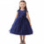 A-line Beaded O-neck Cap Sleeve Flower Girl Dress Tea Length Navy Blue Wedding Party Gowns Free Shipping FLG063