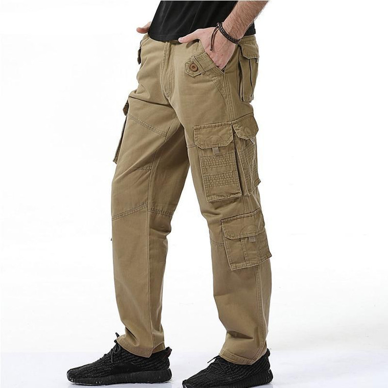 Fashion Men Baggy Cargo Pants Loose Fit Multi Pocket 100% Cotton Causal Cargo Pants Full Length Plus Size 28-40