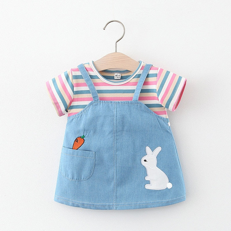Baby Girls Clothes Summer Daily Denim Stitching Infant Dress Short Sleeve Toddler Kids Clothing 0 To 2 Years Children