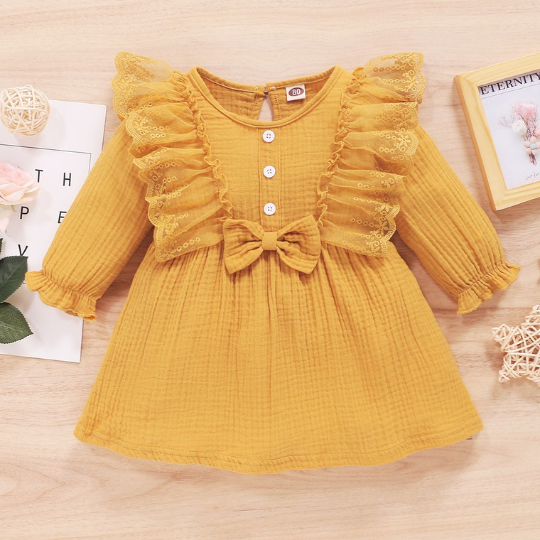 Little Girl Dress Toddler Baby Girl Outfits Cotton Linen Long Sleeve Dress Lace Ruffled Skirt Infant Spring&Autumn Clothes
