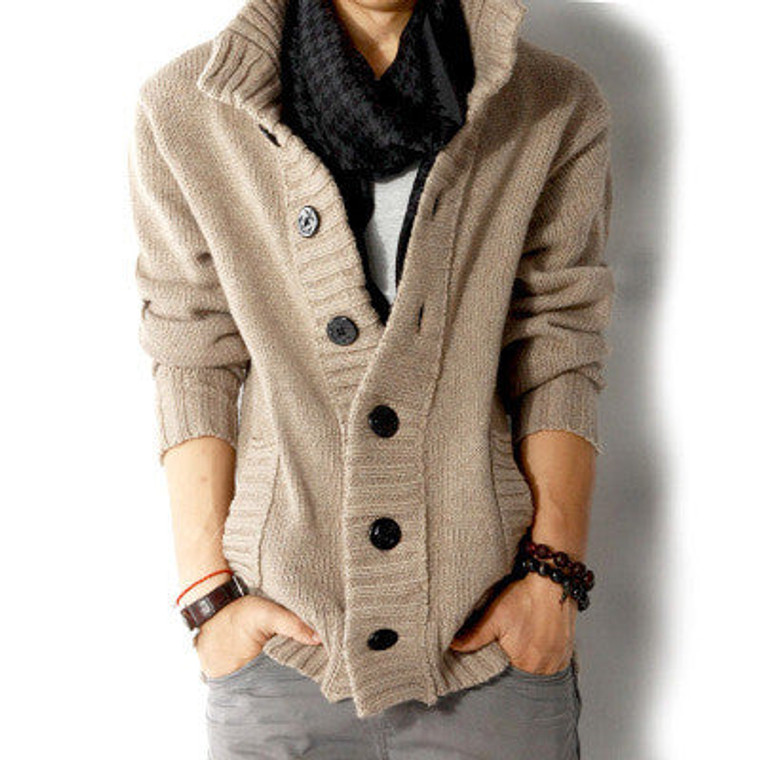 Collar Warm Big Lapel Thick Knitted Men Jacket Long Sleeved Sweater Single-Breasted Coat Cardigan