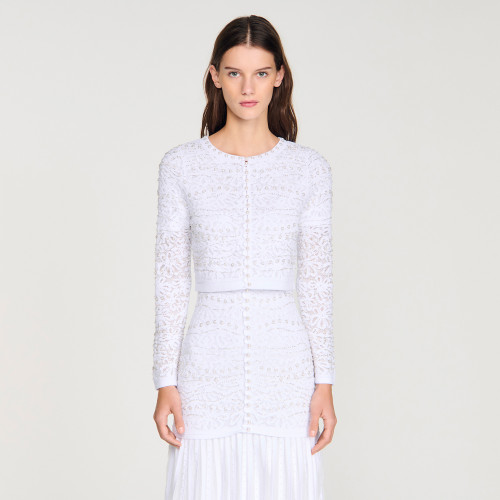 Cropped pearled cardigan White | Sandro Paris