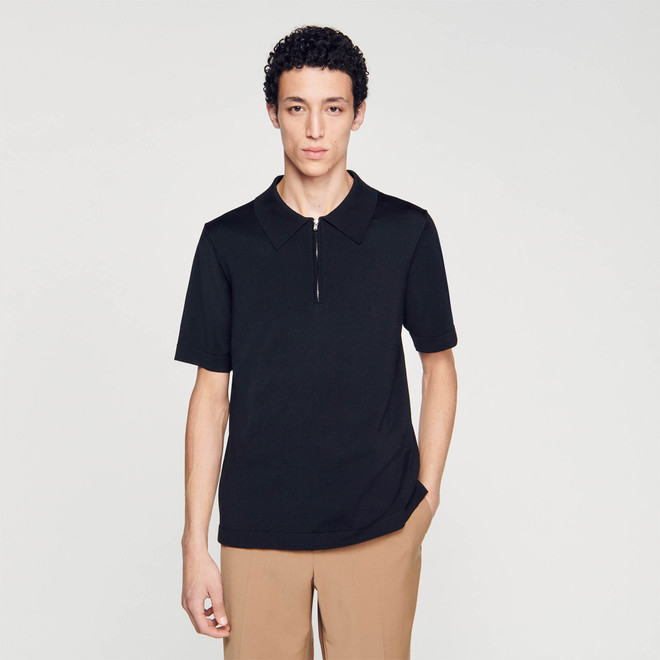 Knitted polo shirt with zip collar - Black