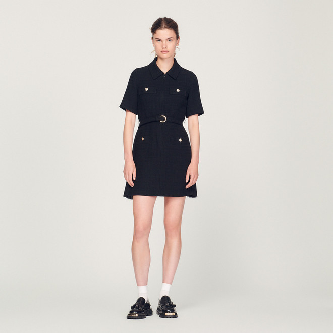 Short Sleeved Dress In Two Materials - Black