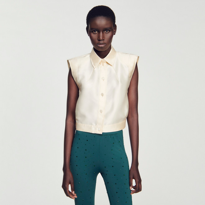 Sleeveless satin shirt - Ecru