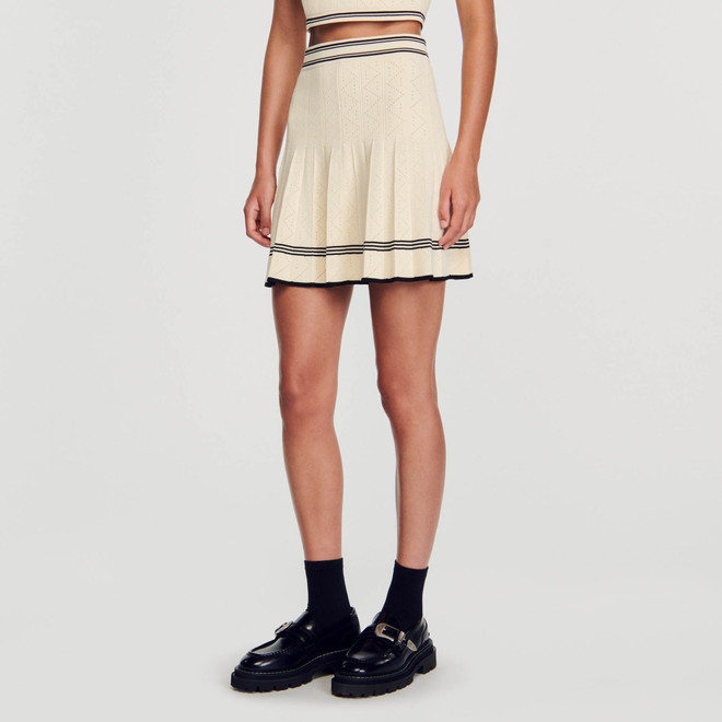 Pleated mini skirt with contrast stripe - Ecru