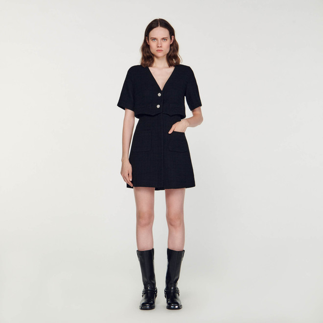 V neck tweed dress - Black