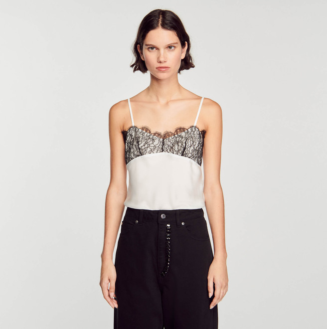 Printed camisole with lace - White