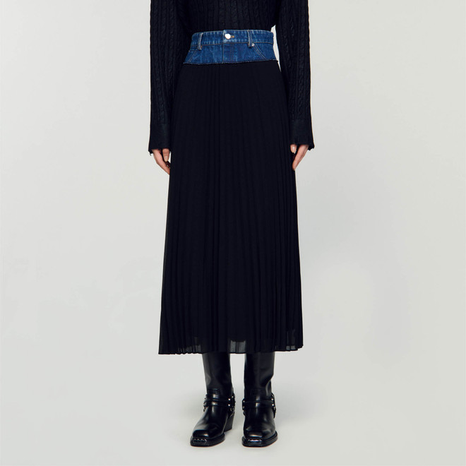 Long pleated denim skirt - Black
