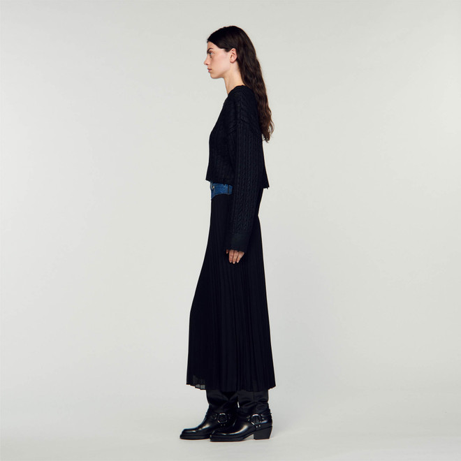 Long pleated denim skirt - Black