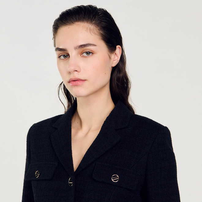 Cropped tweed button up jacket - Black