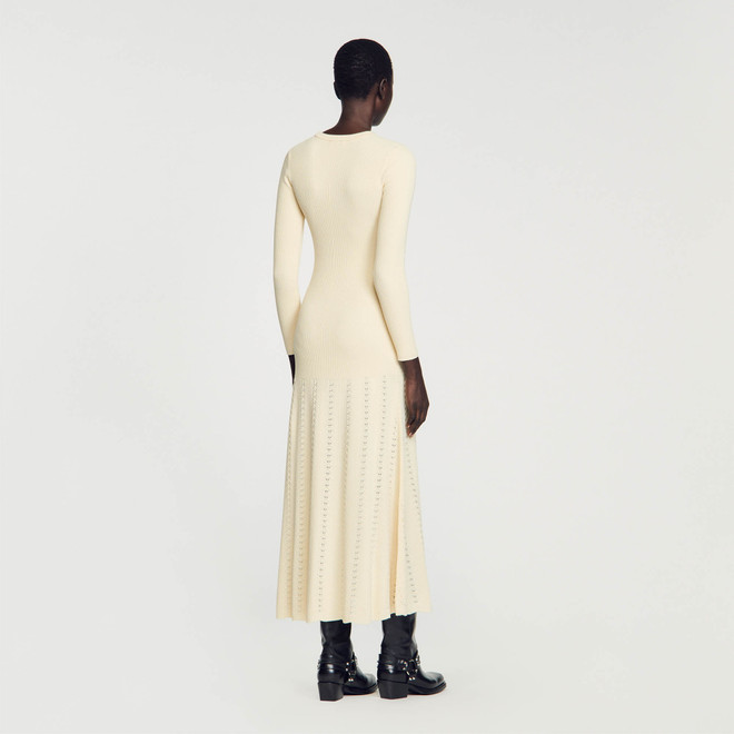 Long sleeve knit midi dress - Beige