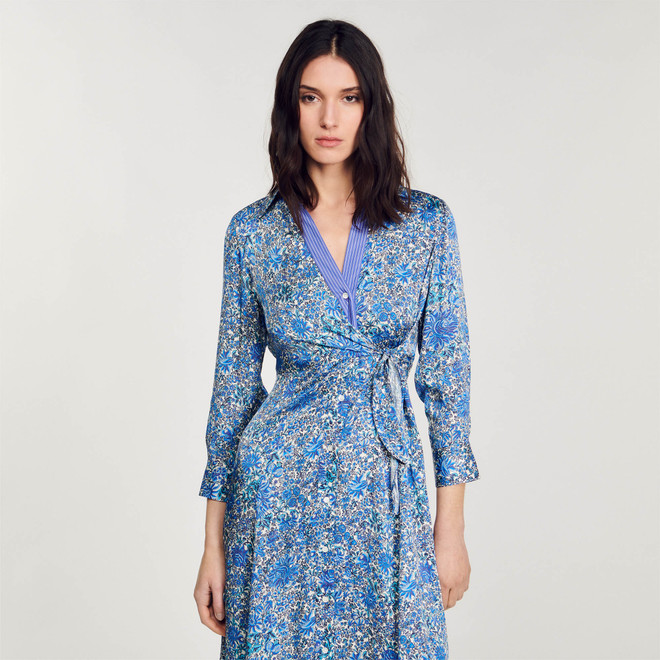 Floral print wrap shirt dress - Blue