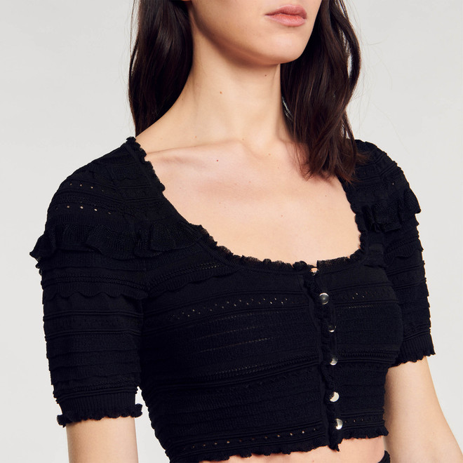 Ruffled pointelle knit cardigan - Black