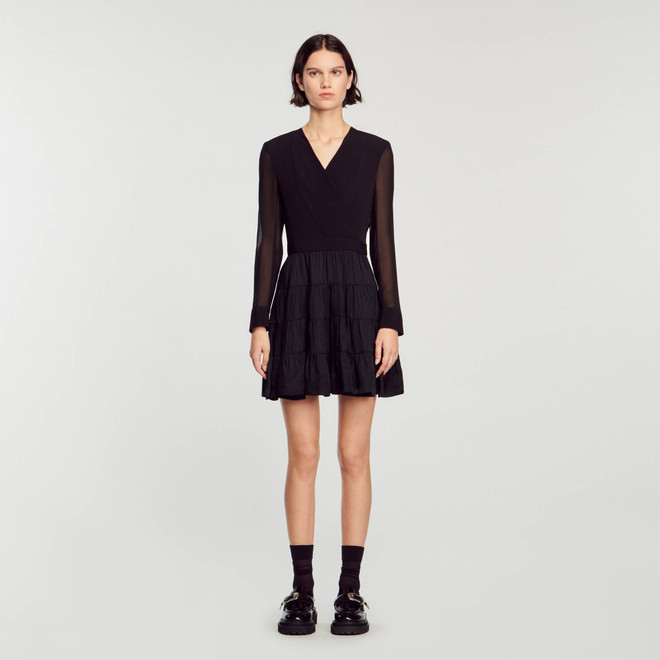 Short flowing dual fabric dress - Black