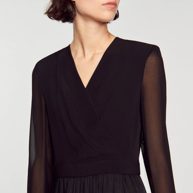 Short flowing dual fabric dress - Black