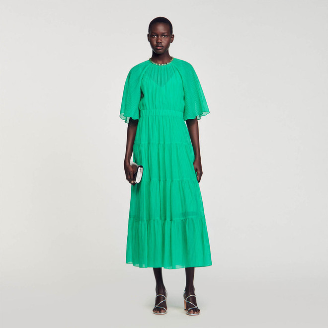 Sandro Round Neck Trim Maxi Dress - Green 