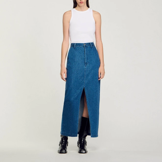 Rhinestone denim maxi skirt - Blue