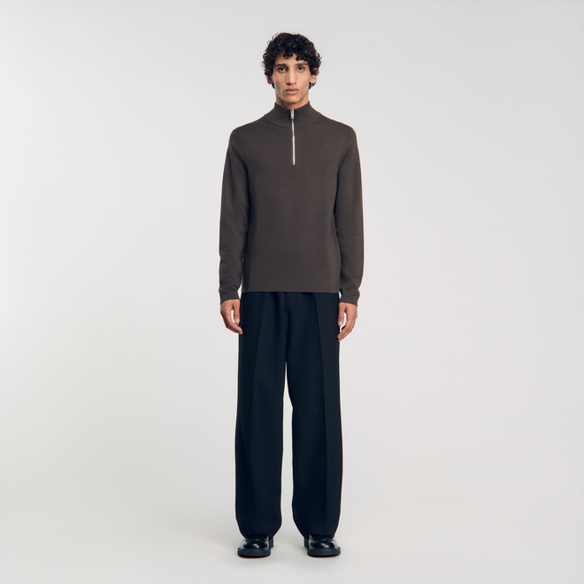 Wool sweater with zipped collar - Brown