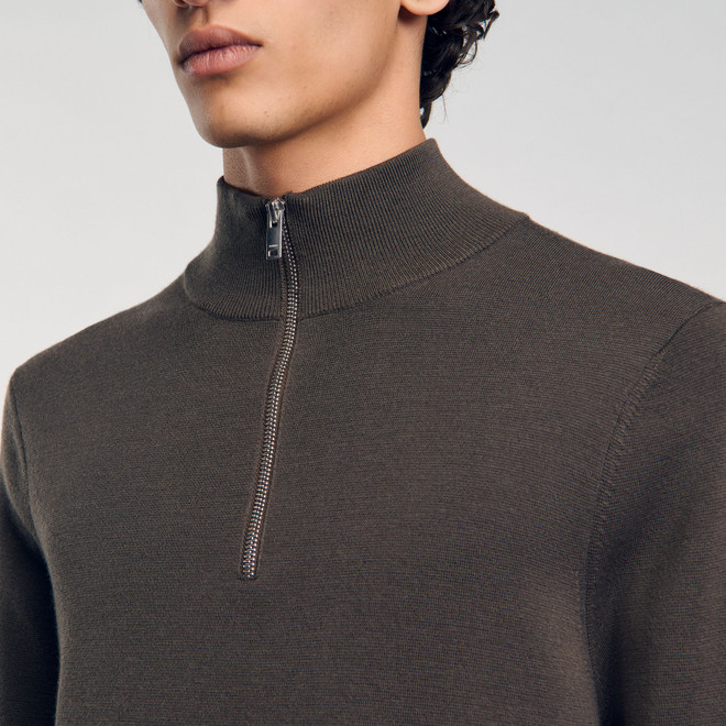 Wool sweater with zipped collar - Brown