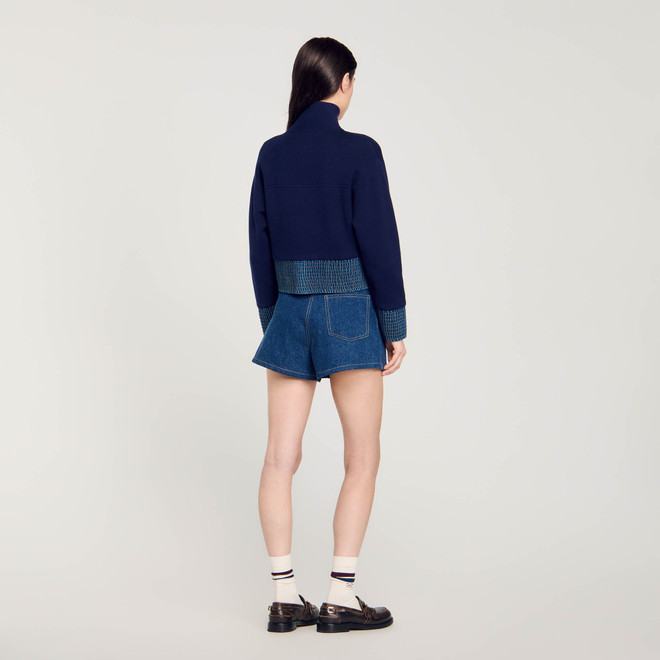 Knit and denim coatigan - Blue