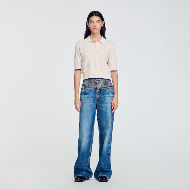 Contrasting Piping Cropped Jumper - Ecru