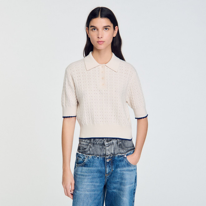 Contrasting Piping Cropped Jumper - Ecru