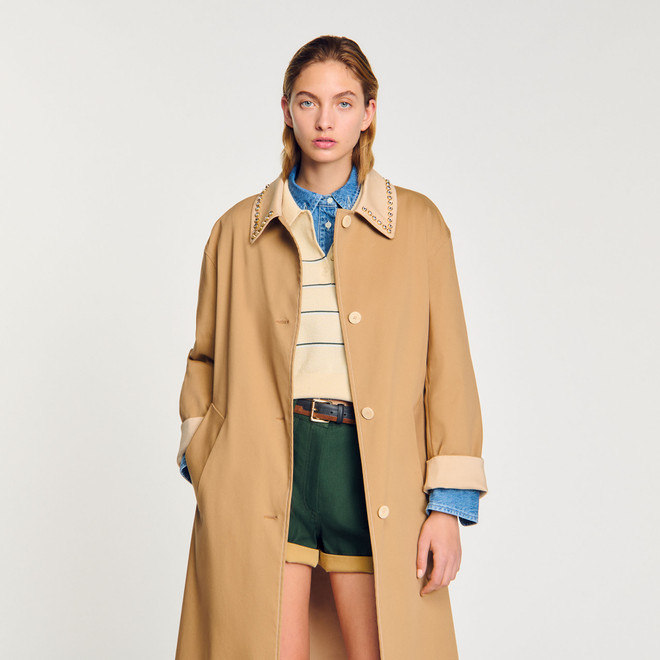Trench coat with rhinestone collar - Camel