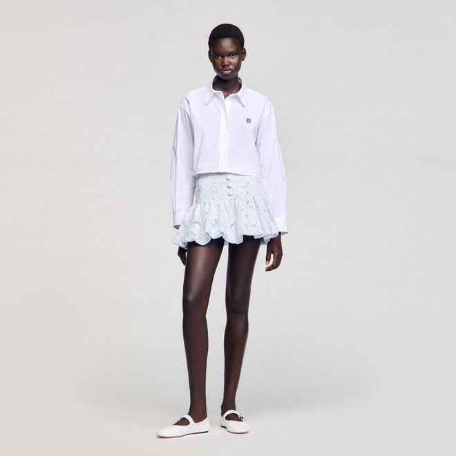 【海外限定】Sandroスカート☆Scalloped Floral Guipure-Lace Mi Guipure lace top Blue | Sandro Paris