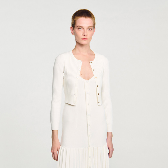 Cropped rib knit cardigan - Ecru