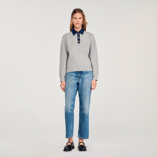 Jumper with denim collar - Grey