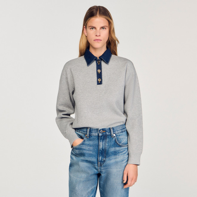 Jumper with denim collar - Grey