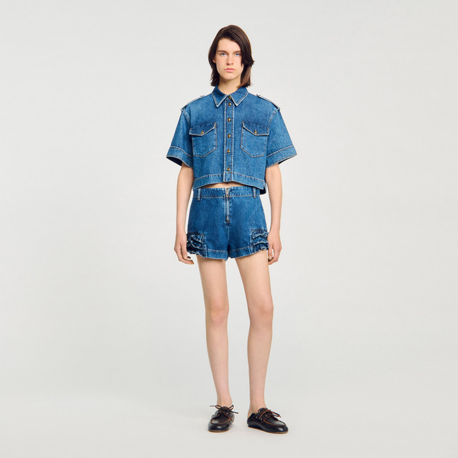 Ruffled denim shorts - Blue