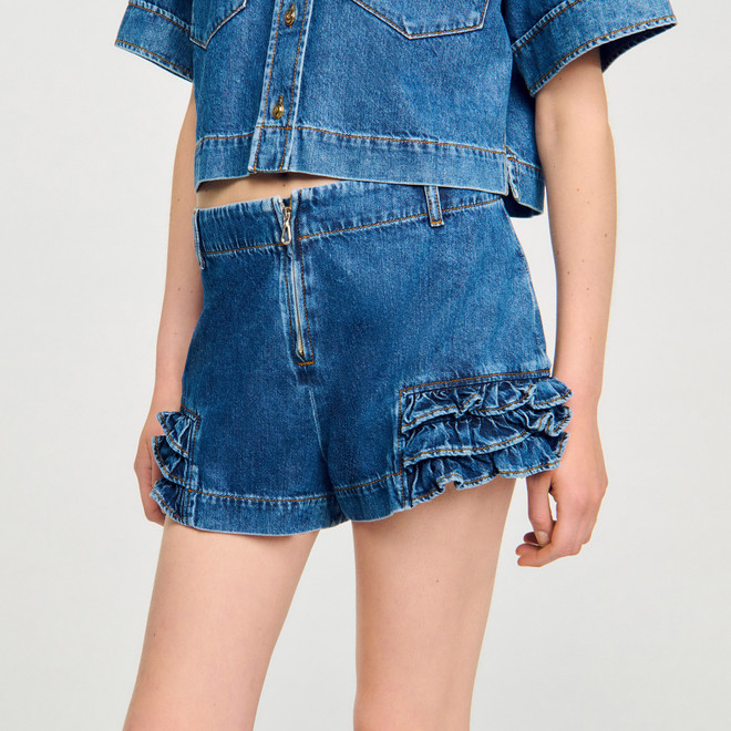 Ruffled denim shorts - Blue